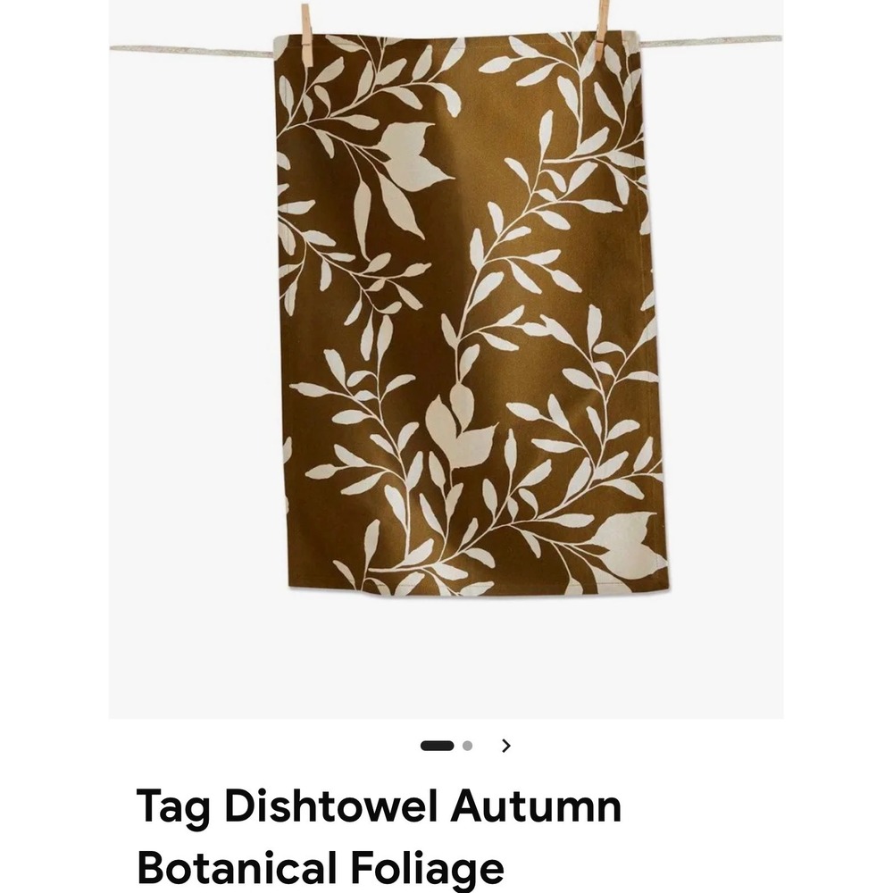 Tag Set of 4 Cotton Tea Towels Olive Green White Leaf Print Fall Home New w/Tag